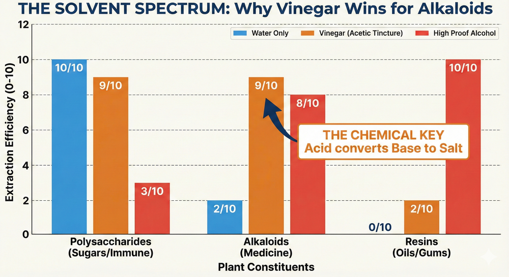 Bar chart comparing the extraction efficiency of Resins, Sugars, and Alkaloids across Water, Alcohol, and Vinegar solvents.