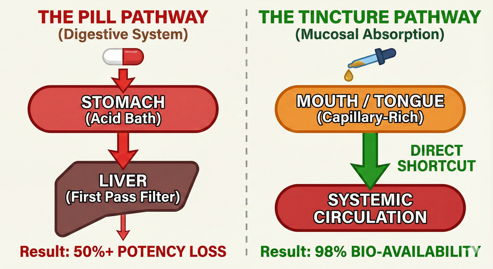 Diagram contrasting the First Pass Effect of pills via the liver versus the direct Mucosal Absorption of liquid tinctures