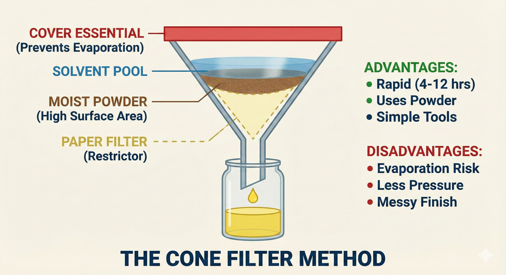 Diagram of a rapid herbal extraction setup using a standard funnel and unbleached paper filter illustrating the short-column physics.