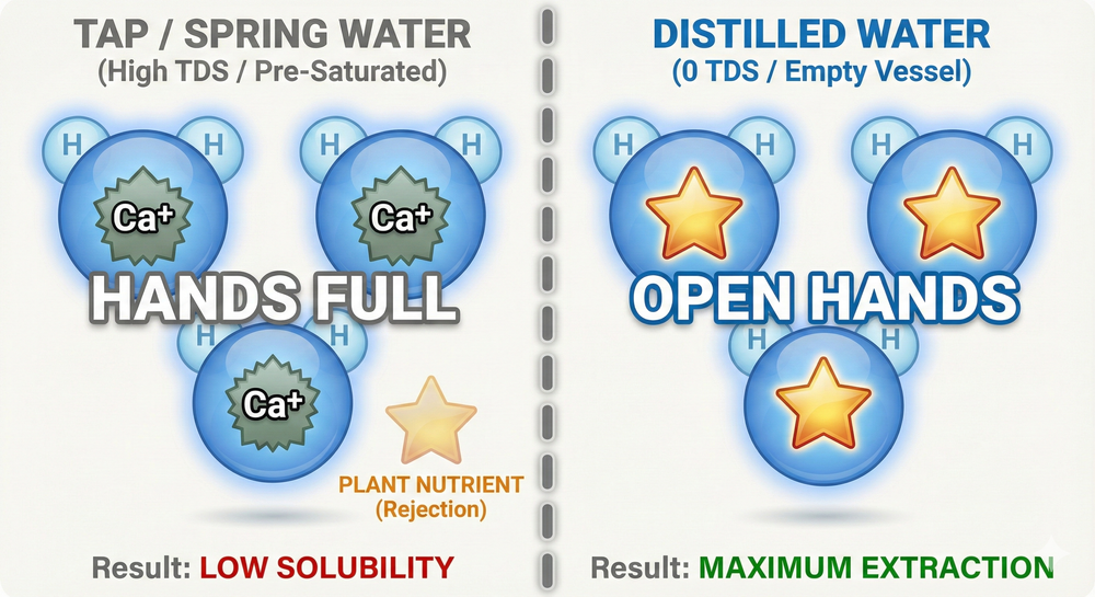 Diagram illustrating the Dielectric Constant and the Empty Vessel capacity of Distilled Water compared to the saturation of Tap and Spring Water.