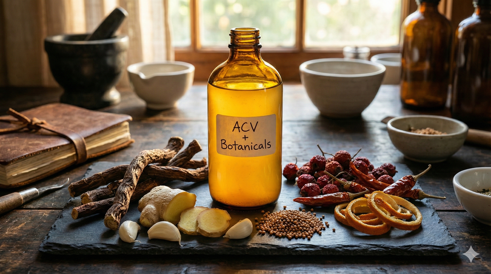 Amber tincture bottle of apple cider vinegar bitters surrounded by raw Gentian root, fresh Ginger, and dried Hawthorn berries on an herbalist workbench.