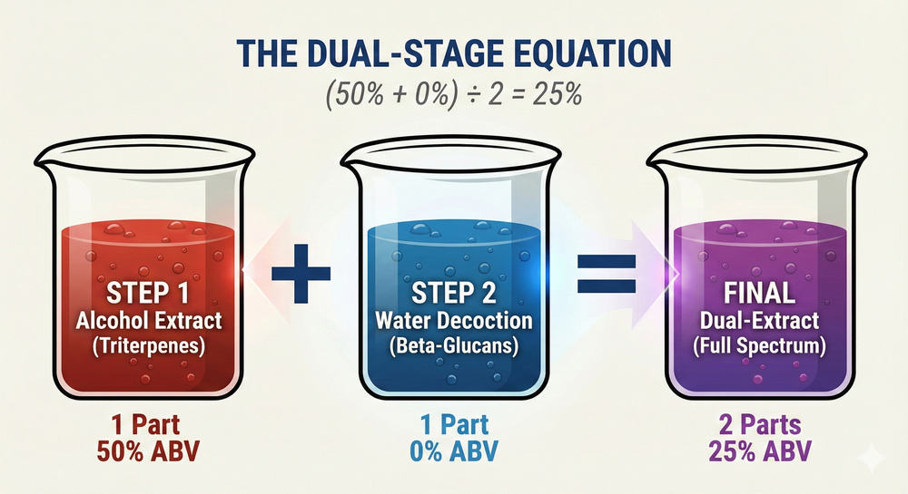 A visual equation showing a 50% ABV alcohol extract mixing with a 0% ABV water decoction to create a 25% ABV final Dual-Extract