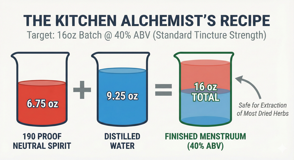 Diagram showing the precise recipe to make 16oz of 40% ABV Menstruum using 190 Proof Neutral Spirit and Distilled Water.