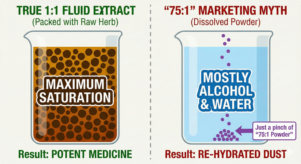Diagram comparing the Saturation Limit of a true 1:1 Fluid Extract versus the deceptive marketing of a 20:1 Dissolved Powder suspension.