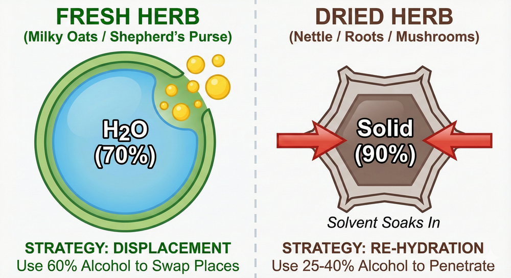 Microscopic comparison of a Fresh Plant Cell (turgid with water) vs. a Dried Plant Cell (condensed), showing the specific alcohol percentages required for each.