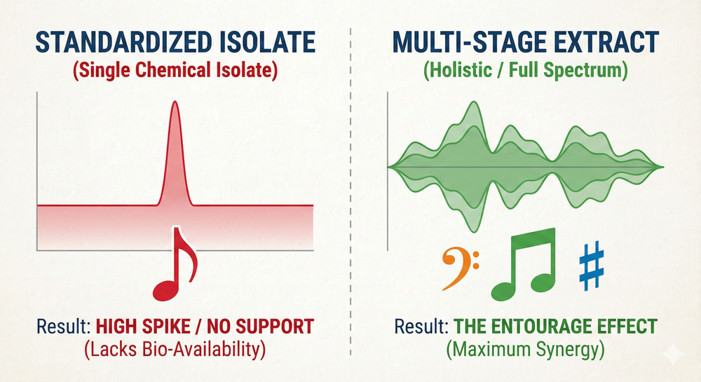 Diagram comparing the Full Spectrum Orchestra of a Multi-Stage Extract versus the isolated Soloist of a Standardized Extract