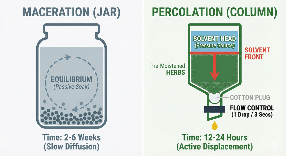 Diagram of a glass bottle percolator comparing the active displacement of solvent versus the passive diffusion of a maceration jar.