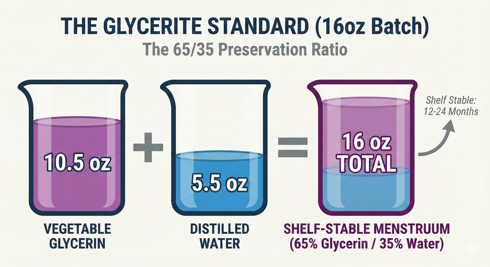 Visual recipe diagram showing the 65% Glycerin to 35% Water ratio required for shelf-stable herbal glycerites