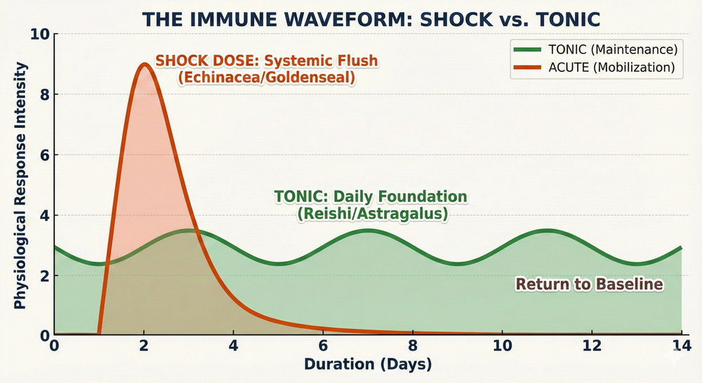 A comparative graph showing the "Steady Wave" dosage of Tonic herbs versus the "High-Amplitude Spike" dosage of Acute Immune herbs