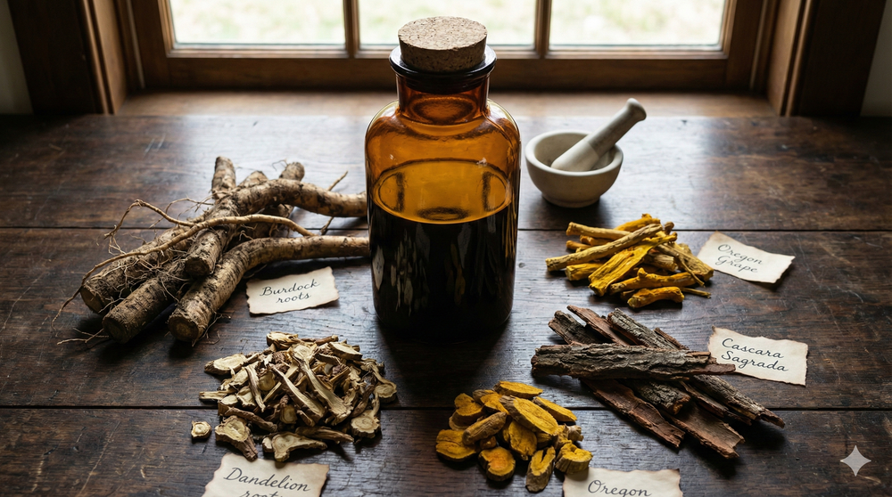 A collection of detox roots: Burdock, Dandelion, and Oregon Grape surrounding a dark amber tincture