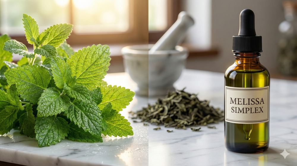 Fresh Lemon Balm leaves next to a bottle of Melissa Tincture and dried herb