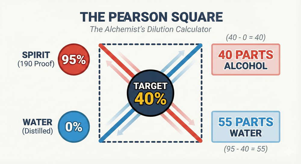 A diagram of the Pearson Square method for calculating alcohol dilution ratios using 190 proof ethanol and distilled water.