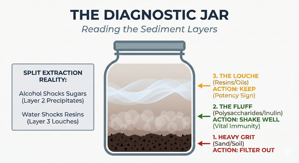 Diagram of a tincture jar showing three distinct layers of sediment: Heavy Grit (Dirt), Fluffy Flocculation (Polysaccharides), and Milky Swirls (Resins/Louche).
