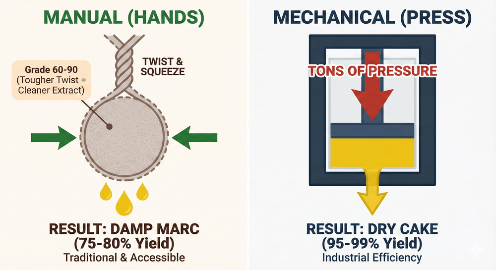 Diagram comparing manual cheesecloth pressing (Grade 60-90) versus hydraulic pressing, noting the effort required for higher grades.