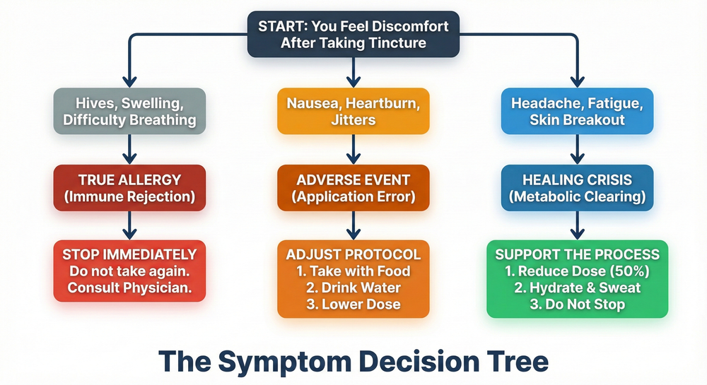 A decision tree flowchart helping users distinguish between a Healing Crisis, an Adverse Event, and a True Allergy based on symptoms like fatigue, nausea, or hives