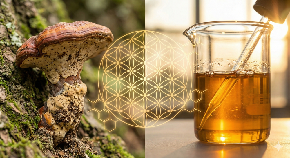 A split-screen macro comparison showing the transformation of reishi mushroom into bio-available liquid gold tincture, connected by a glowing molecular lattice representing extraction physics.