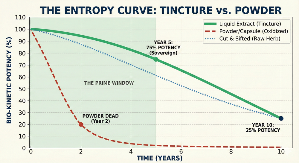 A comparative line graph showing Tinctures retaining 75% potency at Year 5, while Powdered Herbs degrade to near zero.