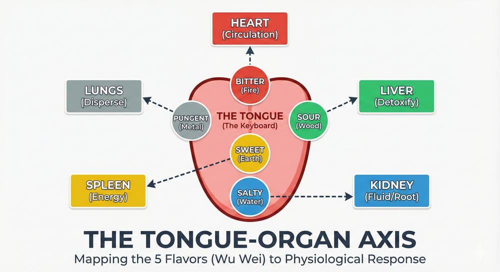 A neurological diagram mapping the five TCM flavors on the tongue to their corresponding internal organs via the Vagus Nerve