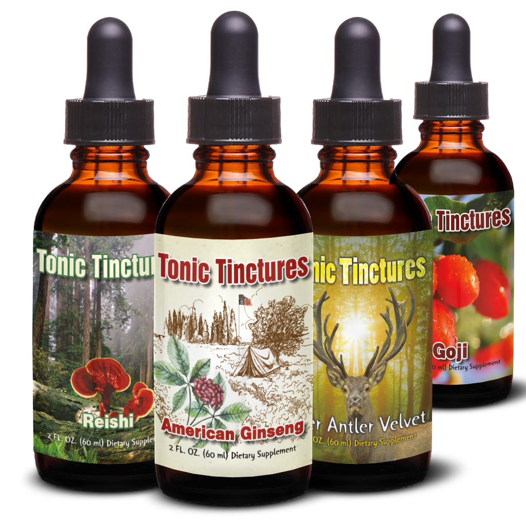 Tonic Tinctures Starter Pack with Deer Antler Velvet, American Ginseng, and Reishi Mushroom with a Free Goji Berry Version 1