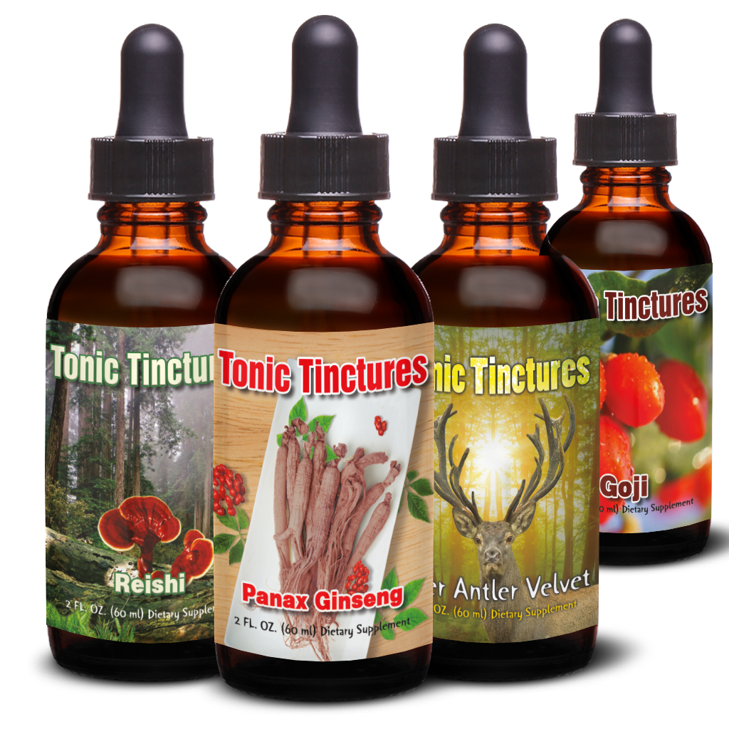 Tonic Tinctures Starter Pack with Deer Antler Velvet, Panax Ginseng, and Reishi Mushroom with a Free Goji Berry Version 1